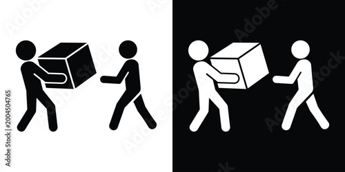 Vector icon showing a delivery person handing a package to a customer. Represents successful shipping, receiving orders, courier service, and e-commerce transactions.