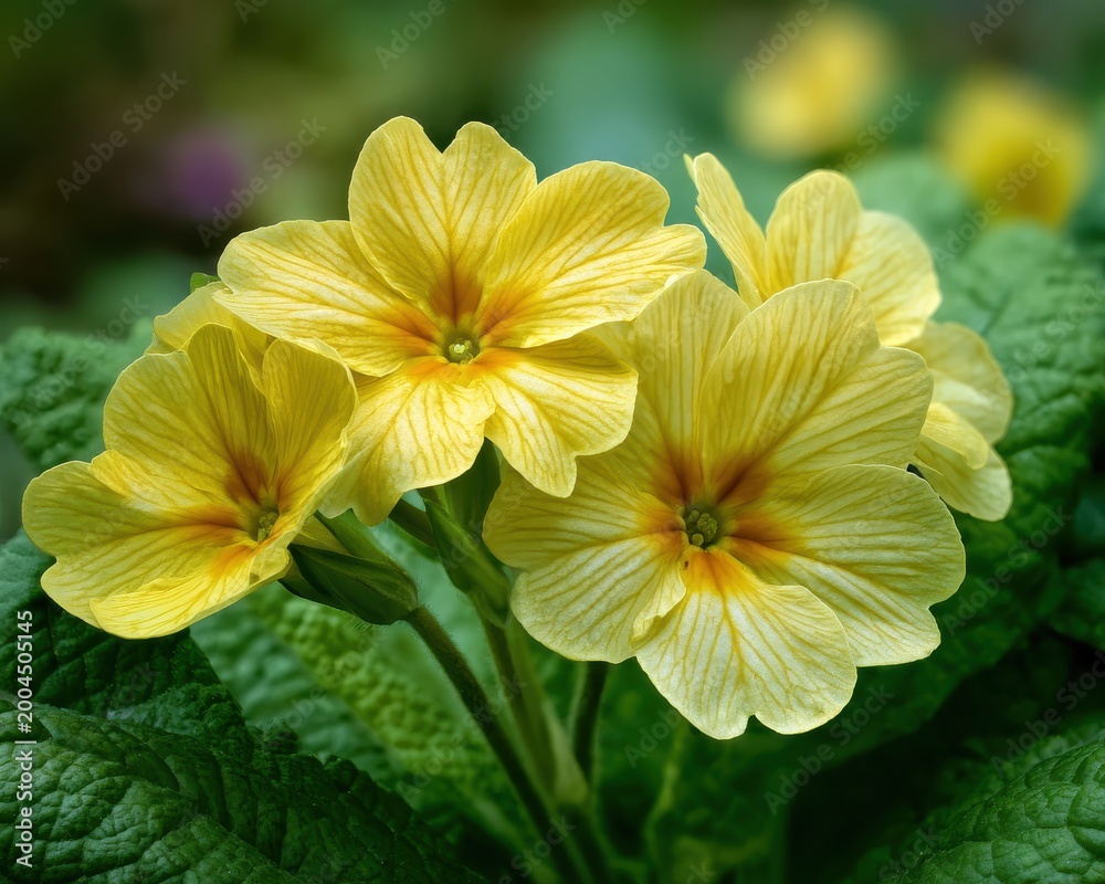 Fototapeta premium A macro photo of yellow Primula vulgaris flowers, showing the intricate vein patterns in the petals and the deep center, against a green leaf background