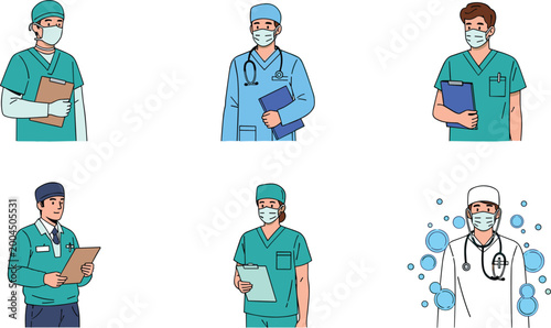 Tableau sur toile Healthcare Worker Set with Doctors, Nurses, and Medical Professionals in Scrubs