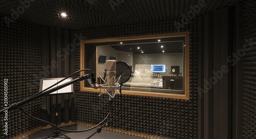 Professional Recording Studio Interior: Microphone, Sound Booth, and Control Room