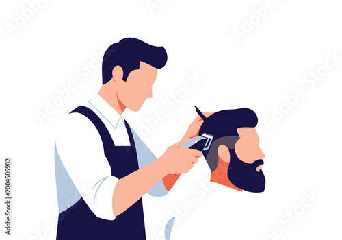 Fotografía A barber cuts a man's hair with clippers in a salon chair.