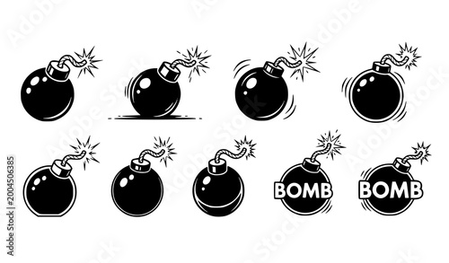 Foto Bomb Glyph Icon Set with Explosive Fuse Symbols for Security Warnings, Gaming In