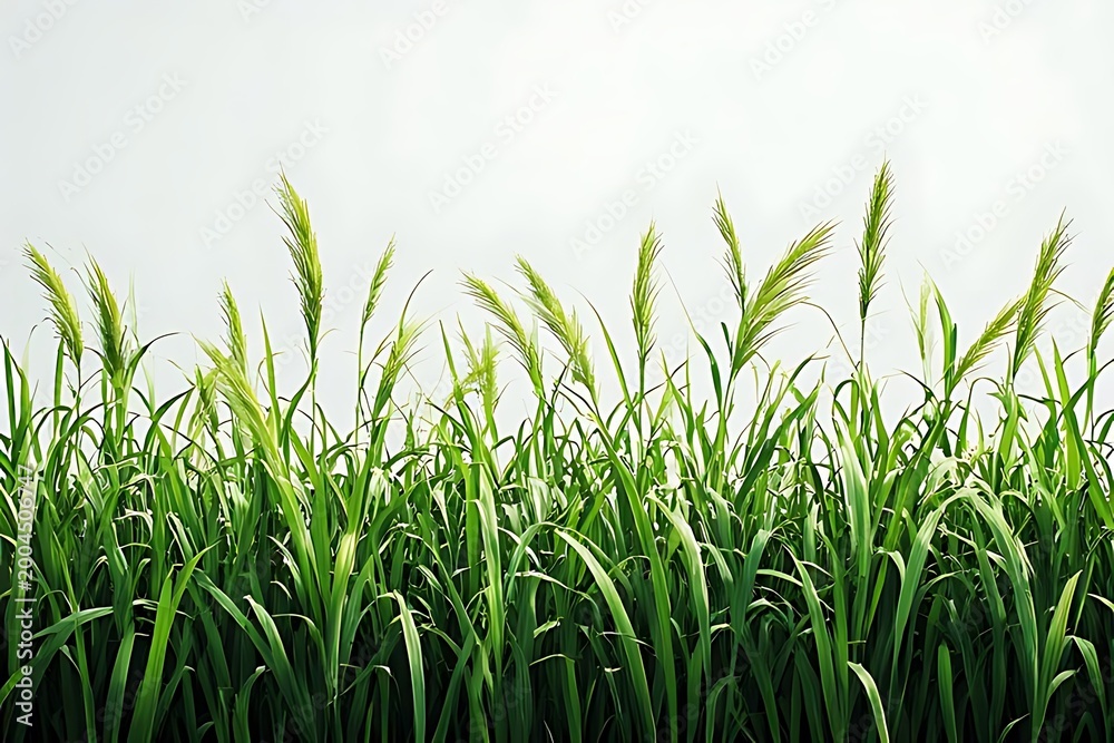 Obraz premiumFresh green grass sways in the wind across a lush spring meadow under a clear blue sky, capturing a growth-filled nature landscape of a vibrant summer field with a macro closeup of the en