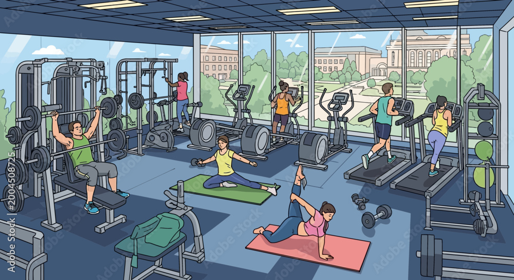 Fototapeta premium Diverse group exercising in bright modern gym with cardio and weight machines, yoga mats