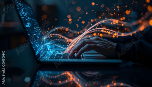 Person typing on laptop with glowing blue screen and orange energy waves flowing from keyboard in dark room