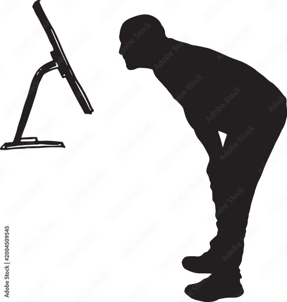 Naklejka premium vector,A man crouching down, looking at a screen
