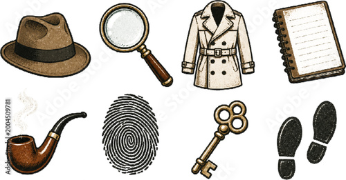Принти на полотні Halftone vector detective icons set with retro grunge style and transparent back