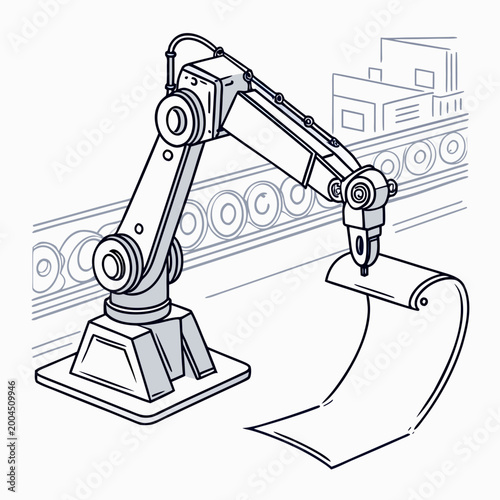 Foto Hand drawn industrial robotic arm handling large sheet material on factory produ