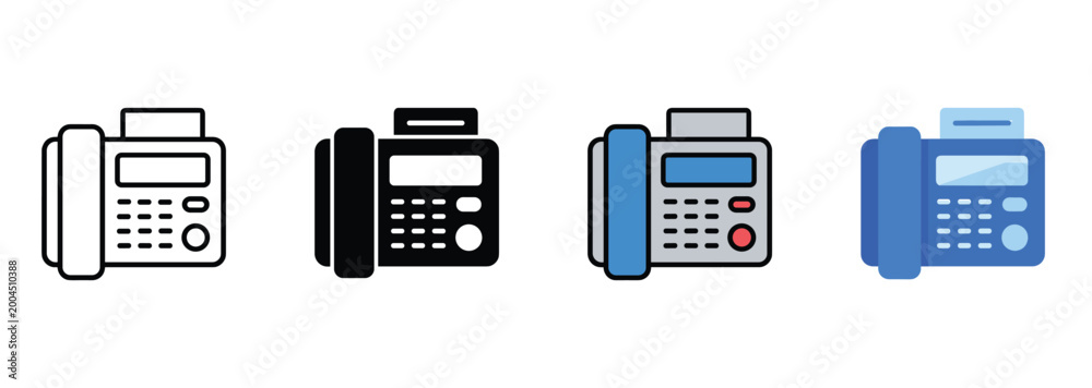 Fototapeta premium Fax machine icon set for office communication and document transmission outline, solid and color styles, white background