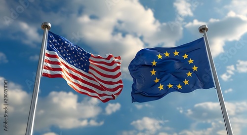 American and EU flags on tall poles wallpaper