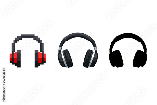 Evolution of Headphone Design Set Featuring Pixel Art, Modern Realistic, and Solid Silhouette Styles for Audio Technology, Music Production, and Gaming Equipment Illustration on White Background