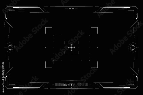 Futuristic Video Camera Viewfinder Overlay HUD Interface with Crosshair and Digital Framing Elements for Sci-Fi Film Production, Surveillance Screen, and High-Tech Broadcast Recording Template