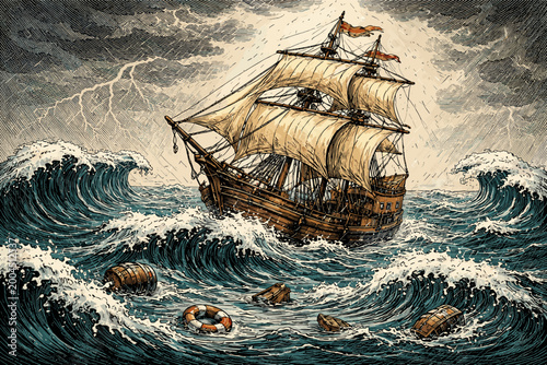 Vintage vector illustration of a classic sailing ship navigating a treacherous storm at sea with massive crashing waves, lightning, and floating debris like barrels and a lifebuoy in woodcut style.