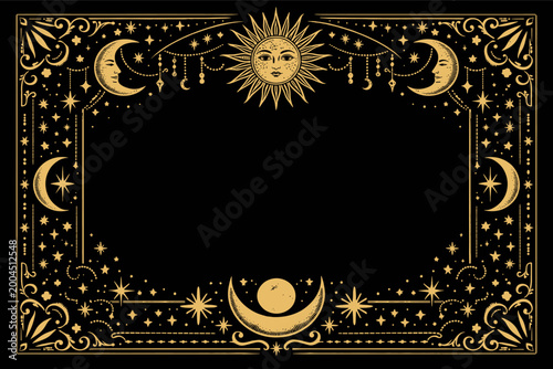 Golden Celestial Tarot Card Frame with Mystical Sun, Moon, and Stars. Vintage Occult Border with Esoteric Symbols for Astrology, Magic, and Spiritual Design. Ornate Gold Vector Illustration.