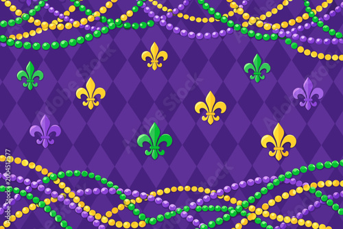Mardi Gras Festive Carnival Background with Purple Harlequin Diamond Pattern, Colorful Green Gold and Purple Beads Necklaces, and Fleur-de-lis Symbols for Fat Tuesday Celebration Party Decor