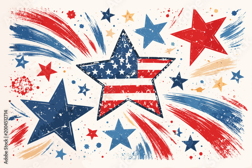 Grunge Patriotic Stars and Stripes Illustration for Independence Day, 4th of July, and Presidents Day. Hand Drawn Vintage American Flag Elements with Red and Blue Brush Strokes and Splatters.