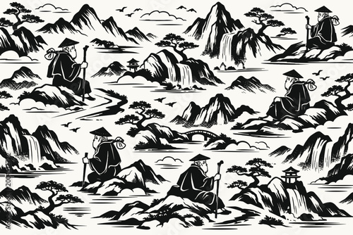 Seamless vector pattern of traditional East Asian landscape with old monks, mountains, waterfalls, and bonsai pine trees in a black and white ink wash sumi-e style for wallpaper and textile.