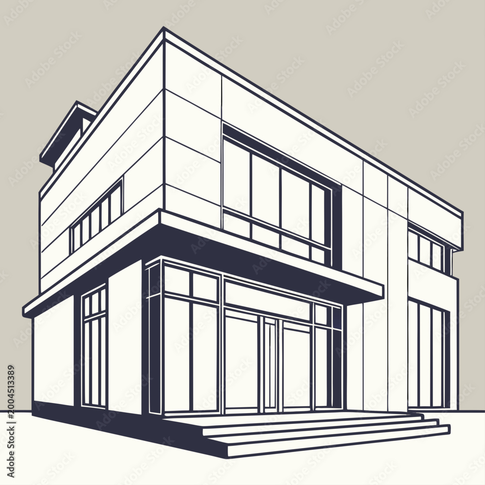Fototapeta premium Modern minimalist two-story house architecture line art illustration with large glass and entrance stairs architecture building minimalist illustration exterior residence structure entrance