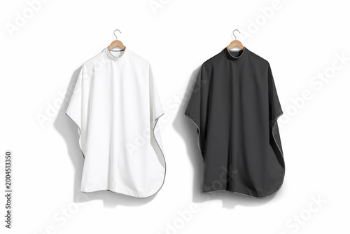 Foto Blank black and white salon cape hanging on hanger mockup, ai generated