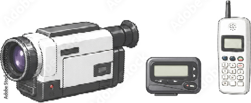 Canvastavla Halftone vector of retro dotted camcorder, pager, transparent grunge mobile phon