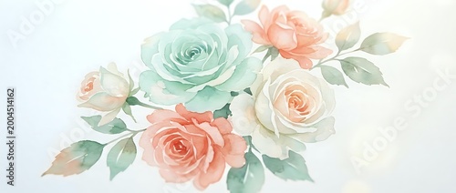 Watercolor floral bouquet with mint green and coral pink roses on white background, isolated for wedding invitations and romantic design projects.