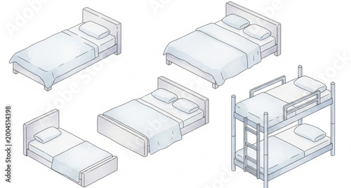 Foto Isometric watercolor bed set vector illustration single double bunk beds furnitu