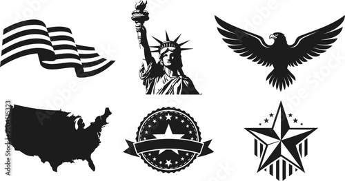 Patriotic icons collection featuring statue of liberty eagle and usa map vector illustration.