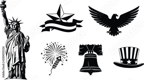Patriotic icons featuring liberty statue and eagle in black vector illustration art style.