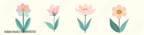 template element featuring a delicate spring flower with soft petals and a slender stem, illustrated in a flat design style with bold lines, vibrant green leaves, and a prominent yellow center
