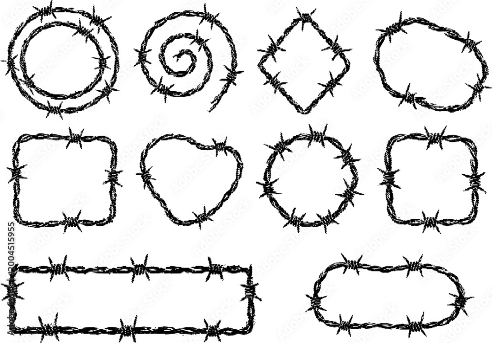 Fototapeta premium Retro grunge halftone vector barbed wire frames set in dotted transparent style