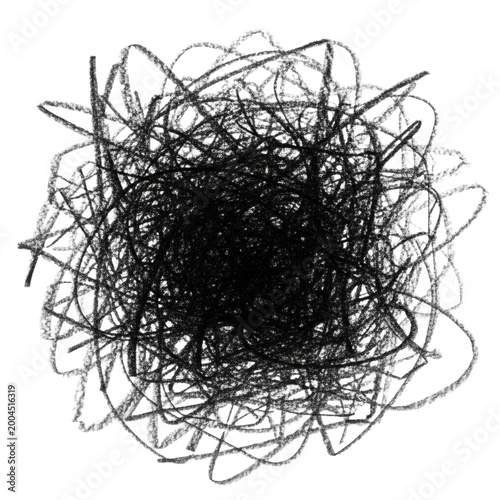abstract expressionism composition of dense, vigorous black charcoal strokes on matte white paper, detailed macro texture rendering. concept of visual tension and mental disarray