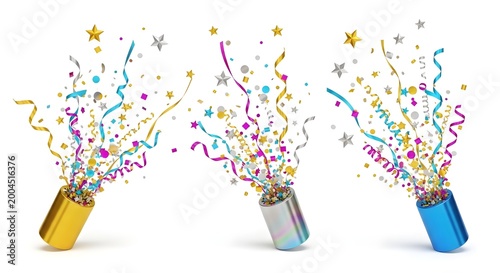 Vibrant 3D party poppers bursting with a shower of colorful confetti and streamers, symbolizing festive celebrations and joyful events for holidays, birthdays, and New Year festivities
