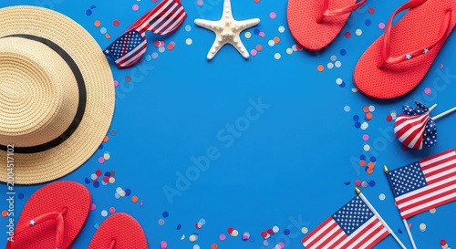 Celebrate american independence day festive summer layout with flags beach essentials and patriotic decor