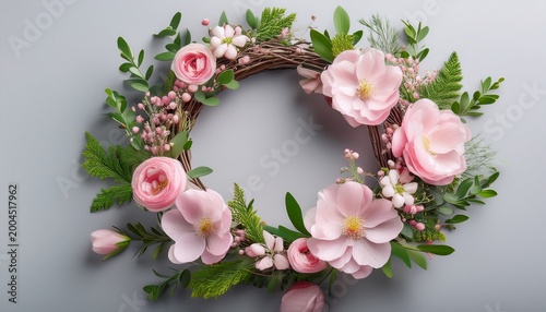 spring floral wreath with pink flowers and greenery against a soft gray background