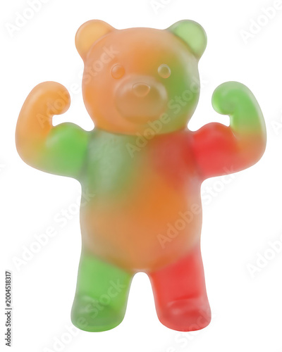 Gummy bear with strong arms bicep curl flexing muscles isolated on transparent background