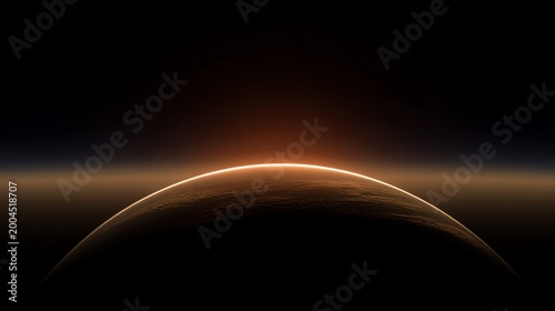 Sunrise on a planet with glowing atmosphere and dark surface view from space