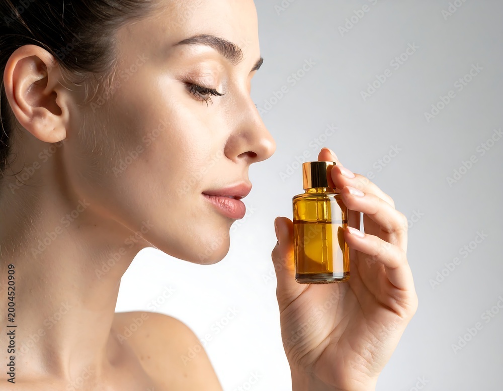 Fototapeta premium A woman with her eyes closed gently inhales from a small amber-colored glass bottle, showcasing a skincare product