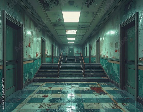 Old hallway with stairs in abandoned building showing peeling paint and worn floors during daytime Generative AI