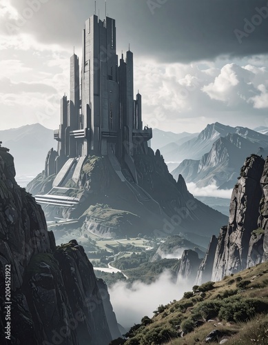 Tower stands tall on mountain peak surrounded by mist and rocky hills under cloudy sky in a fantasy landscape Generative AI