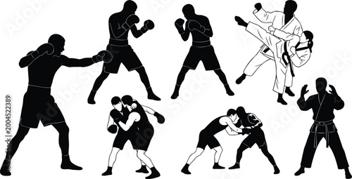 Photos Set of fighting sports silhouettes featuring boxing wrestling martial arts line art vector