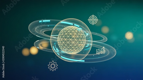 Futuristic digital globe interface with rotating elements representing global data and advanced technology concept 