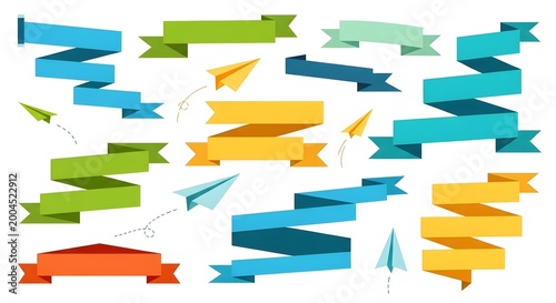 Free Download Collection of colorful origami paper airplanes and ribbon banners for creative design - GFXLoad