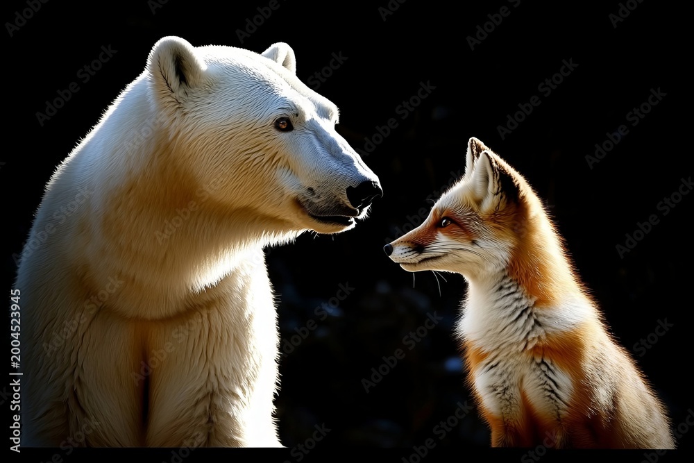 Fototapeta premium Arctic Wildlife Encounter Polar Bear and Arctic Fox Sharing a Moment of Mutual Respect in Nature