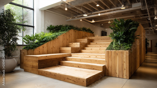 wood indoor stairs  with pot plants and greenery