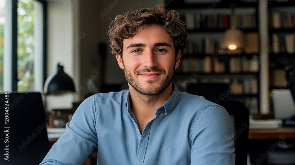Obraz premium Confident young professional man with charming smile working in modern office with natural light