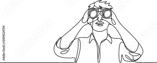 Continuous one line drawing tourist man looking through big binoculars far ahead. Young gentleman is traveling with field glasses. one line Art icon drawing vector