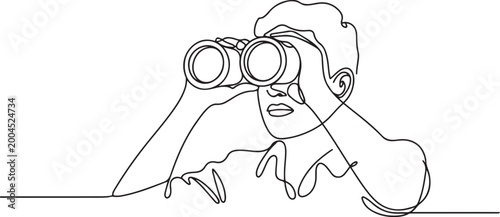 Photos Continuous one line drawing tourist man looking through big binoculars far ahead