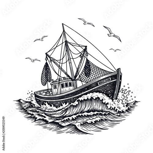 Fishing boat on the ocean waves.