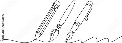 Continuous one line writing accessories. Sketch pencil, brush and pen draw line strokes. Single line art. Editable stroke