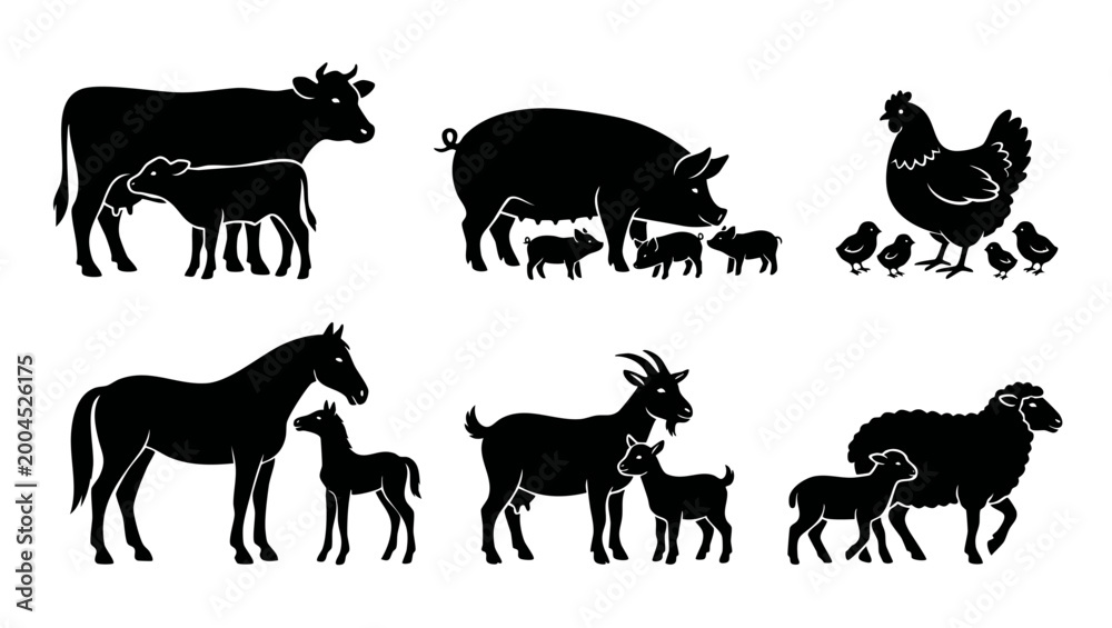 Fototapeta premium Farm Animals Silhouettes with Babies, Cow Pig Chicken Horse Goat Sheep Collection, Vector Icons Set for Agriculture and Livestock Icons, Isolated Black Shapes on White Background for Branding Designs